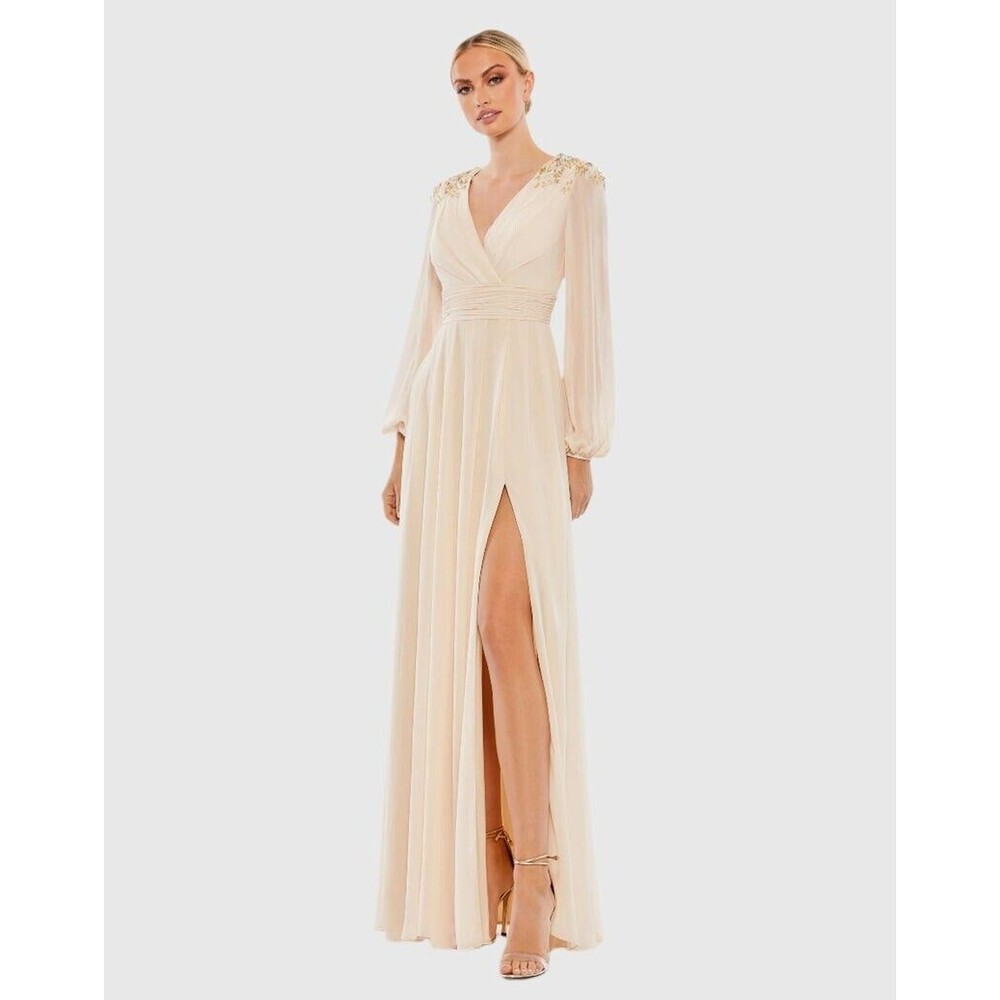 Mac Duggal 55694 Beige Embellished Shoulder Blouson Sleeve Gown Size 8